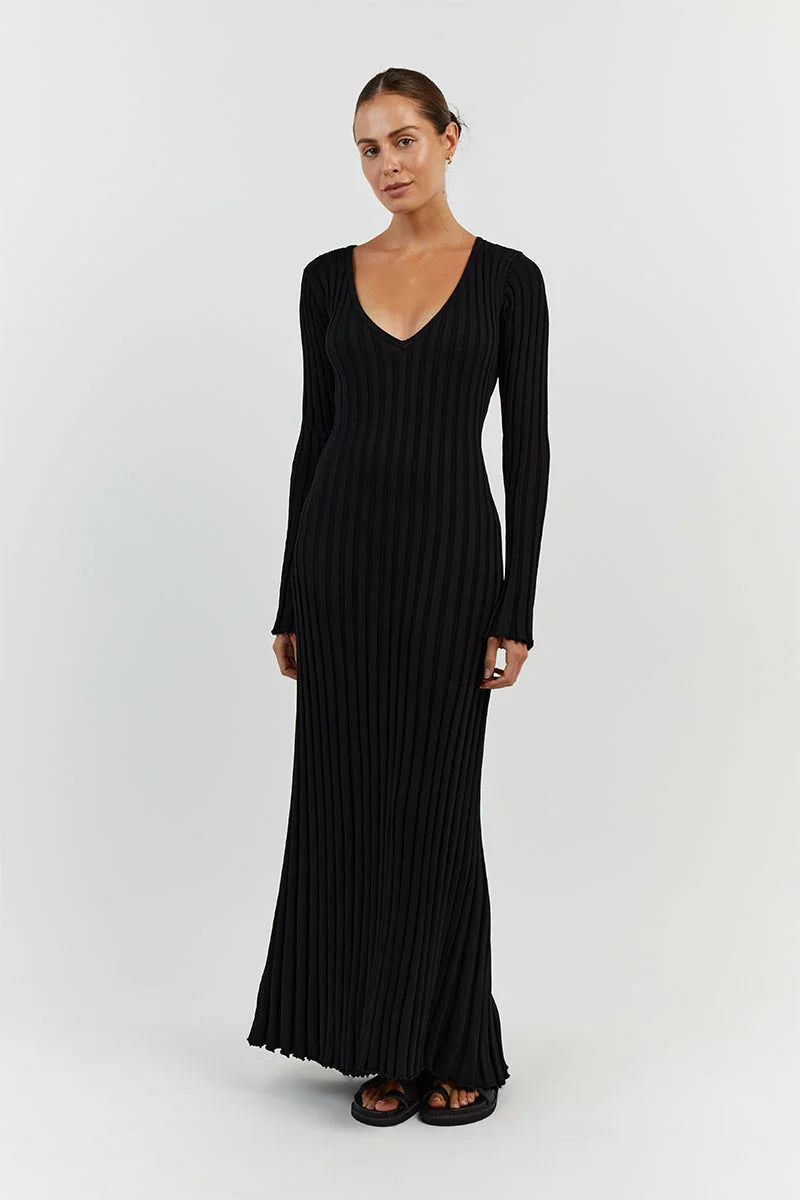 V-Neck Sleeved Knit Midi Dress - Amour-amsterdam