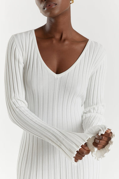 V-Neck Sleeved Knit Midi Dress - Amour-amsterdam